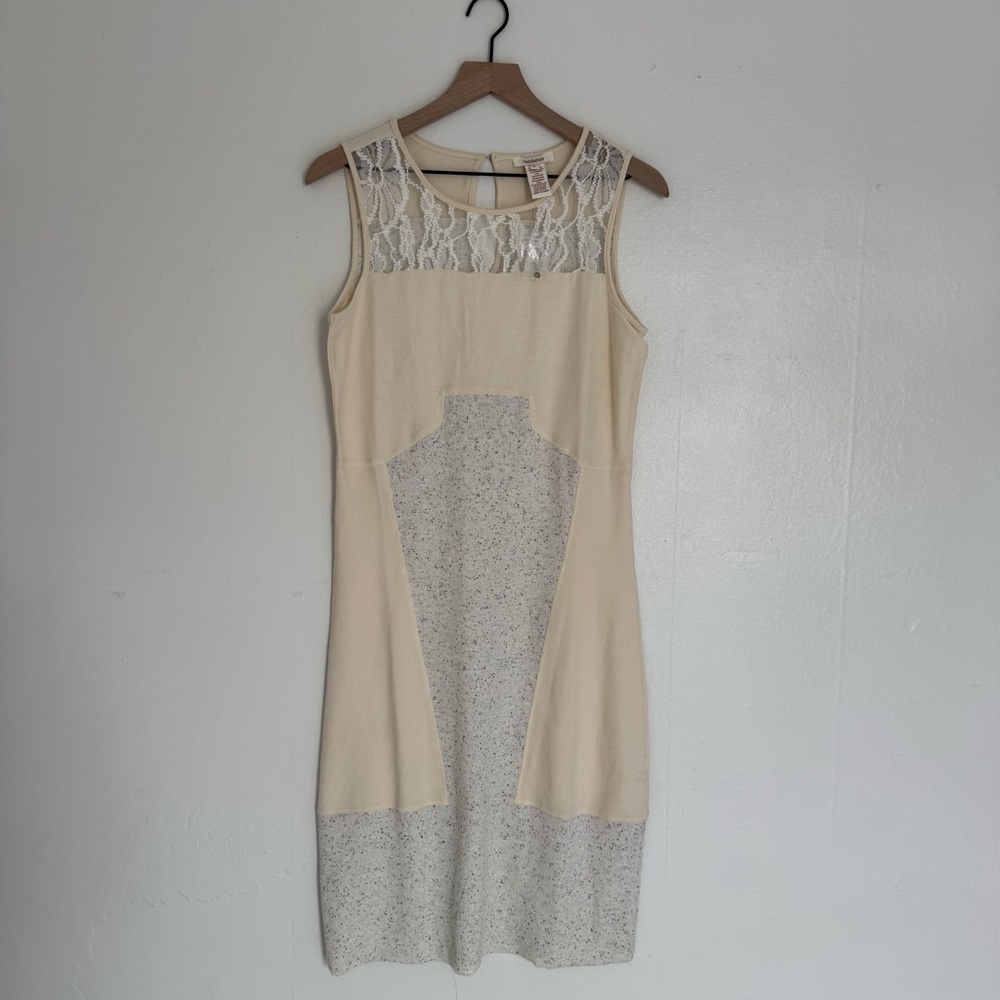 Sundance Mallorie Mixed Media Dress Lace Yoke Winter White Textured Knit Layer
